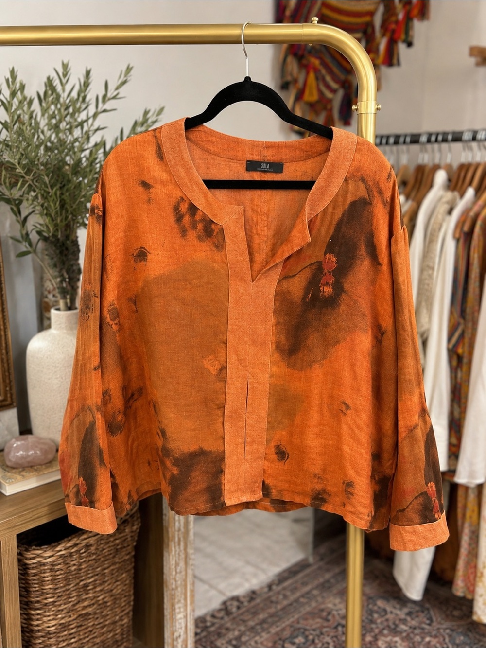 149🌟 SULI Kerstin Bernecker Orange Linen Art Blouse | European Designer | Lagenl